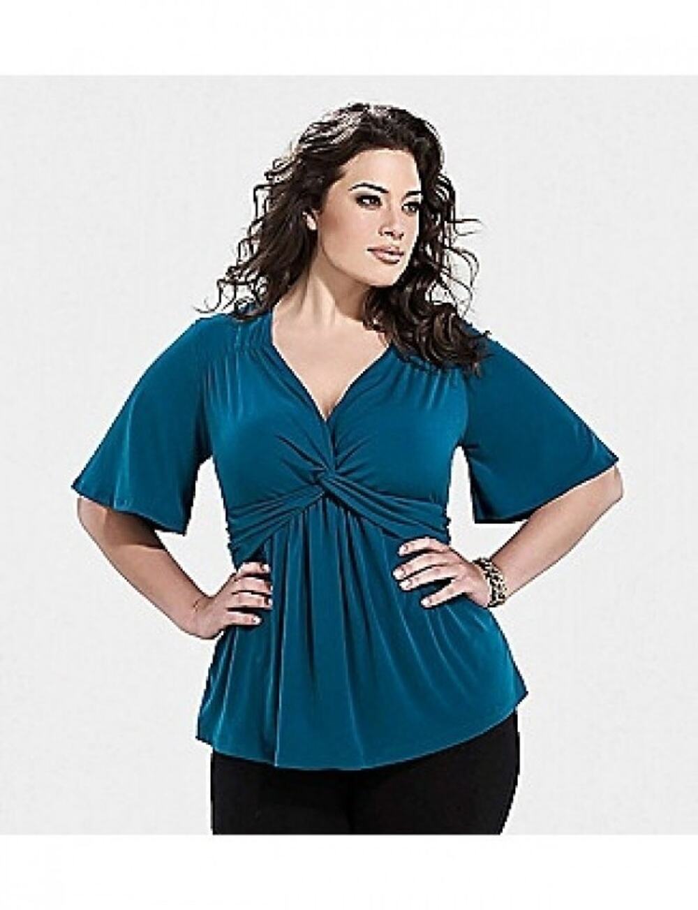 Kiyonna Abby Twist Front Top 1X Blue Romantic Feminine Flutter Sleeve Blouse